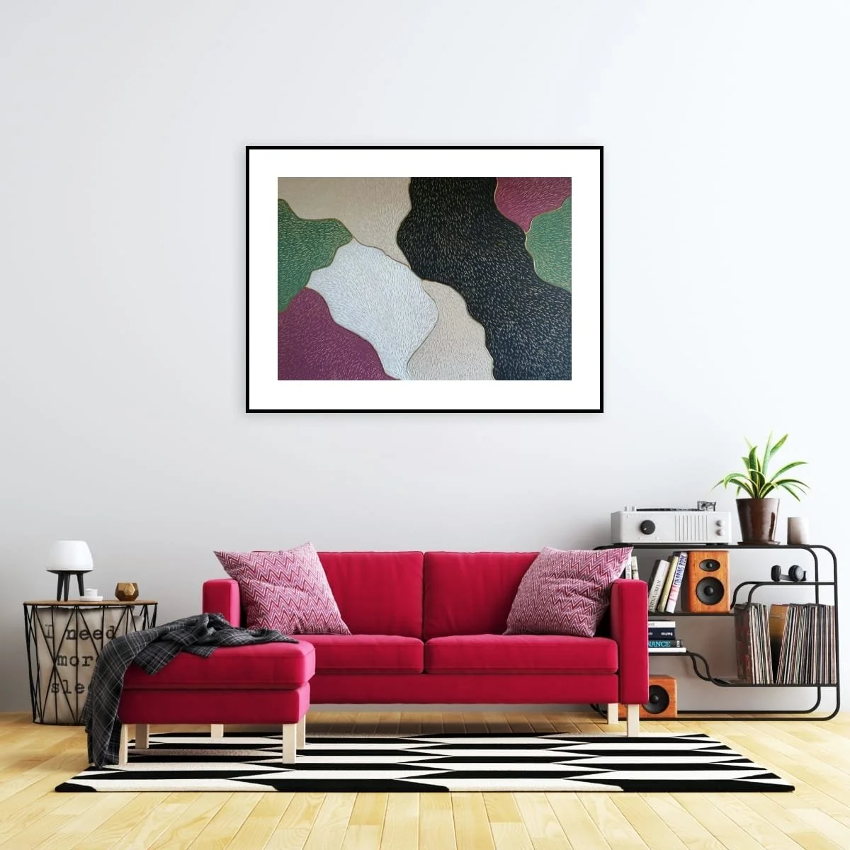 Abstract sculptural painting with raised organic shapes and gold outlines in black, white, green and beige, titled Opus XIV – Golden Currents by contemporary artist Sotiris Christodoulou-Mockup 22