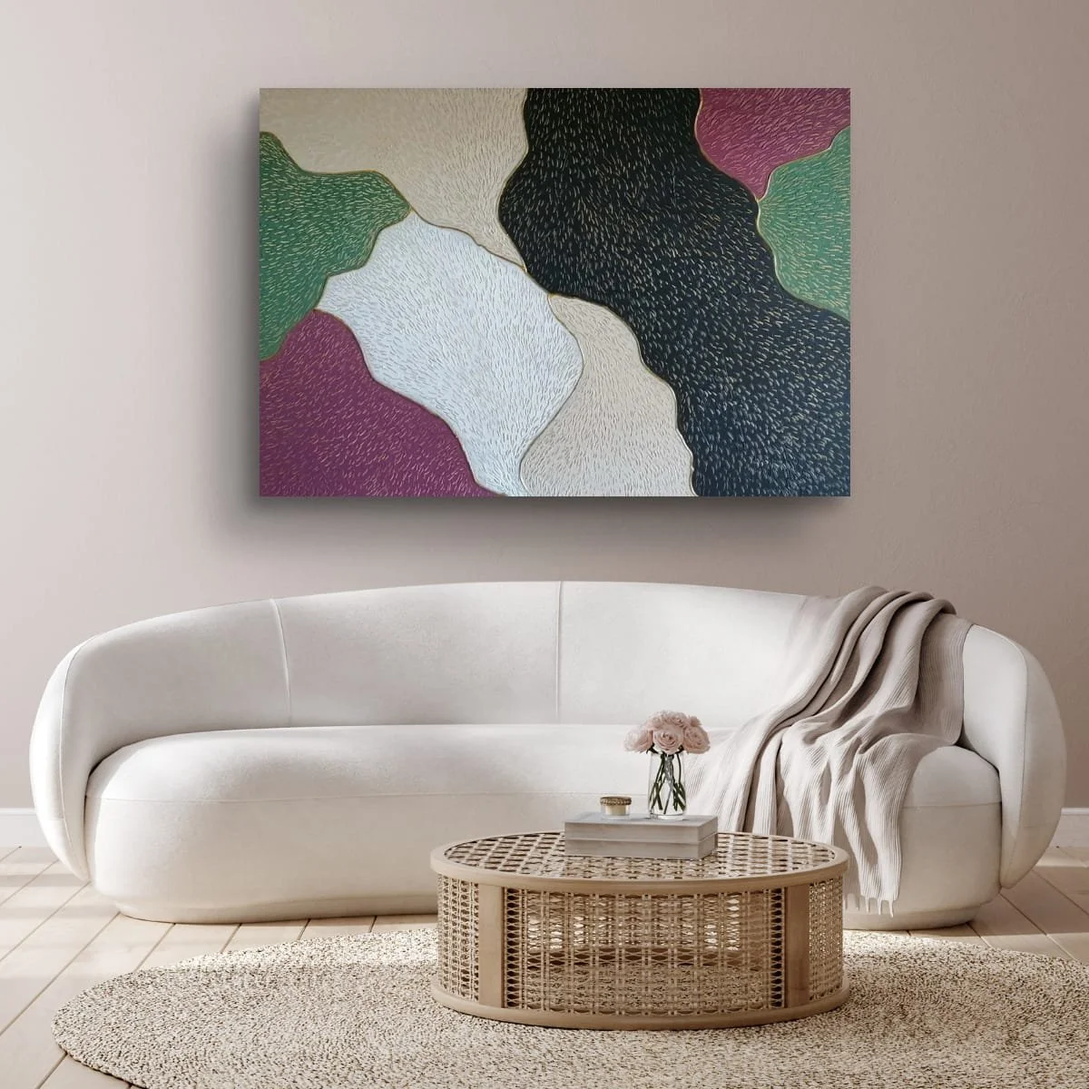 Abstract sculptural painting with raised organic shapes and gold outlines in black, white, green and beige, titled Opus XIV – Golden Currents by contemporary artist Sotiris Christodoulou-Mockup 18