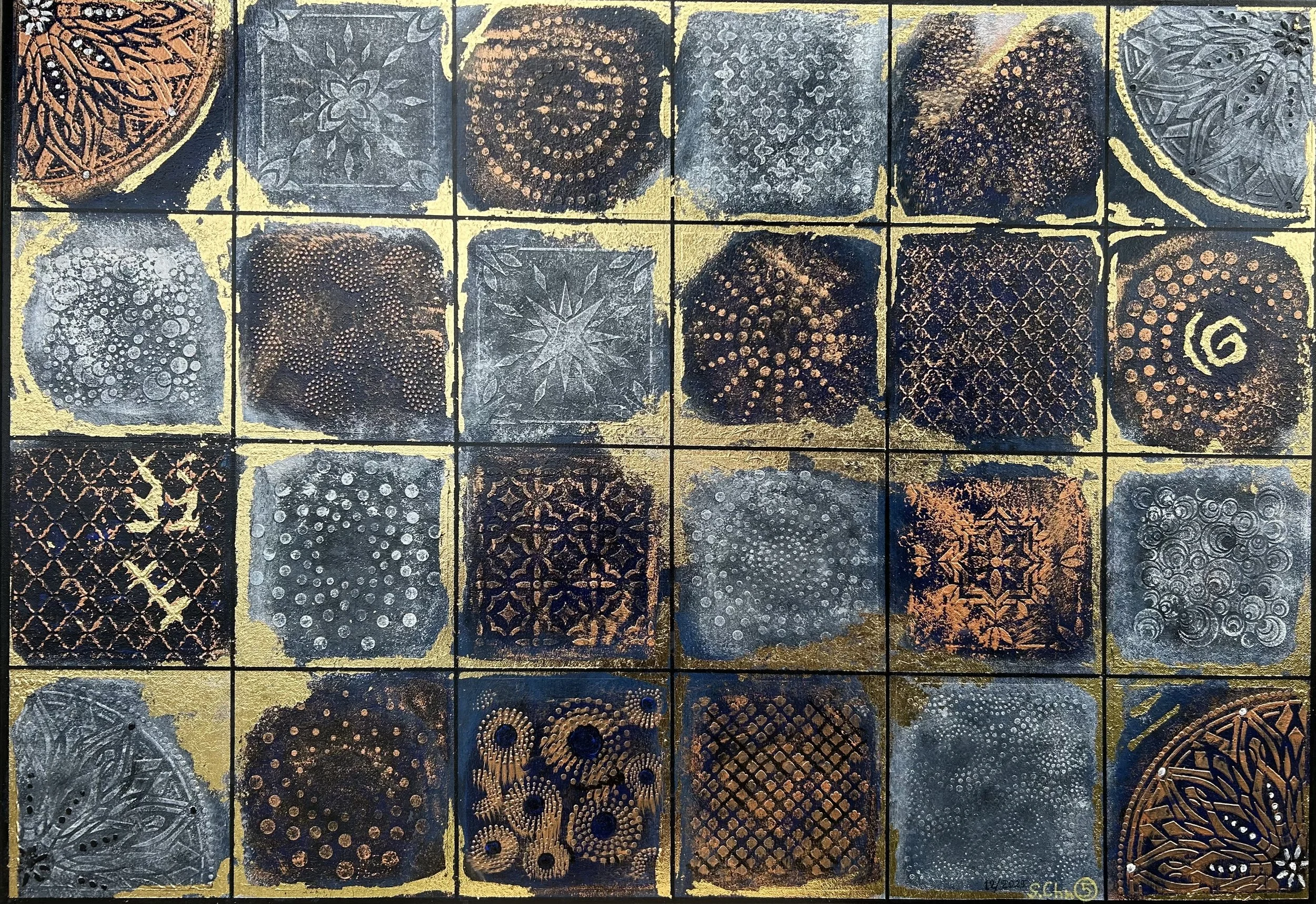 Opus V: Celestial Tiles  (Original) – abstract mixed media mosaic with geometric tiles and subtle cosmic textures by Sotiris Christodoulou