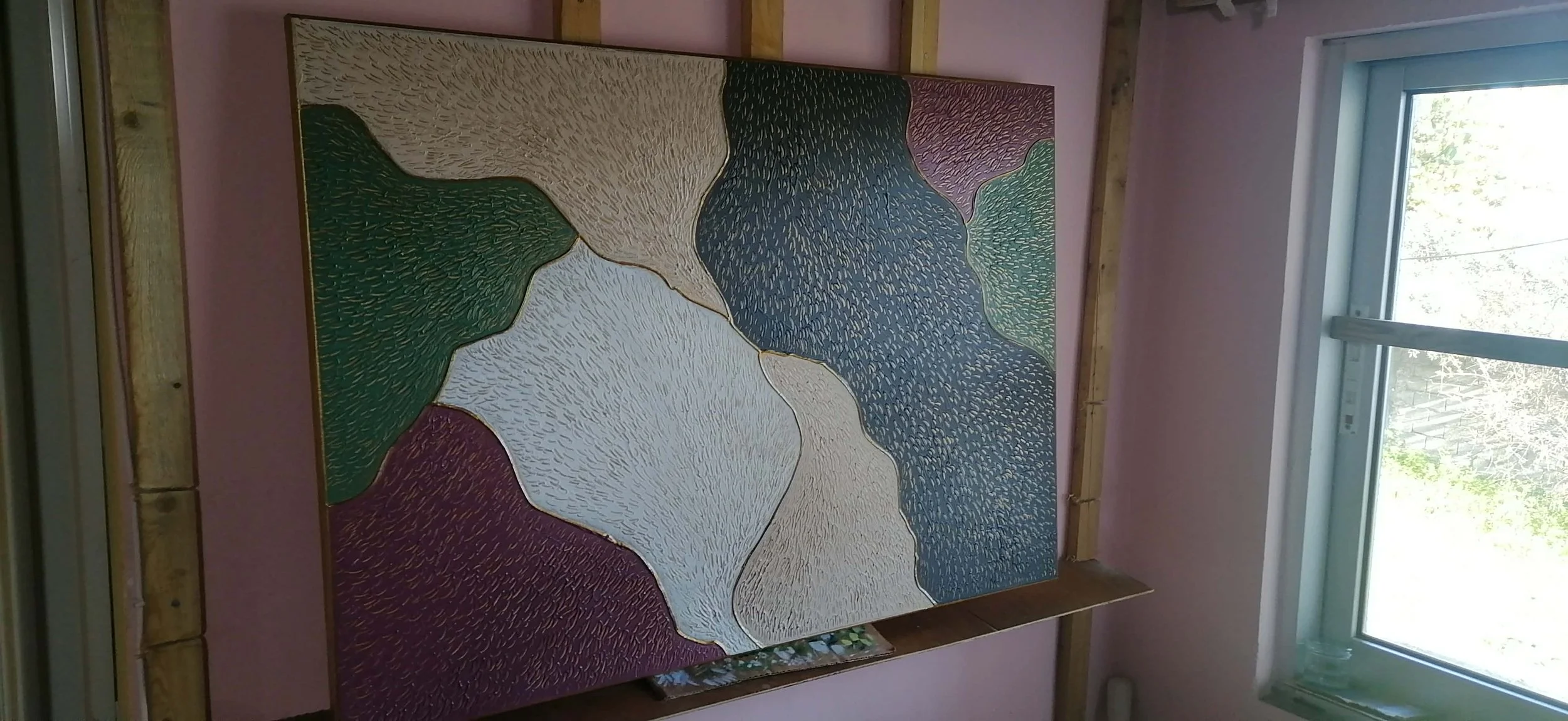 Abstract sculptural painting with raised organic shapes and gold outlines in black, white, green and beige, titled Opus XIV – Golden Currents by contemporary artist Sotiris Christodoulou 6