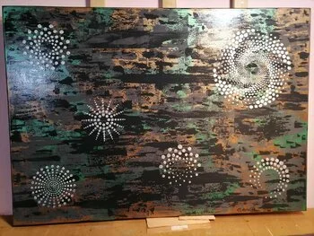 Opus X: Emerald Constellation Grove – abstract painting with emerald green constellations and atmospheric cosmic landscape by Sotiris Christodoulou Studio 2.jpeg