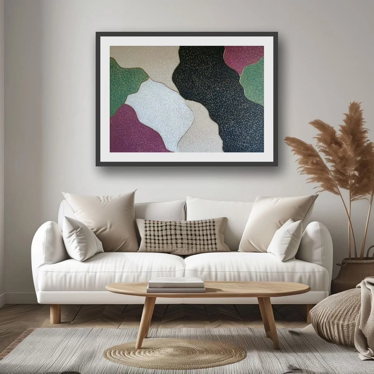 Abstract sculptural painting with raised organic shapes and gold outlines in black, white, green and beige, titled Opus XIV – Golden Currents by contemporary artist Sotiris Christodoulou-Mockup 1