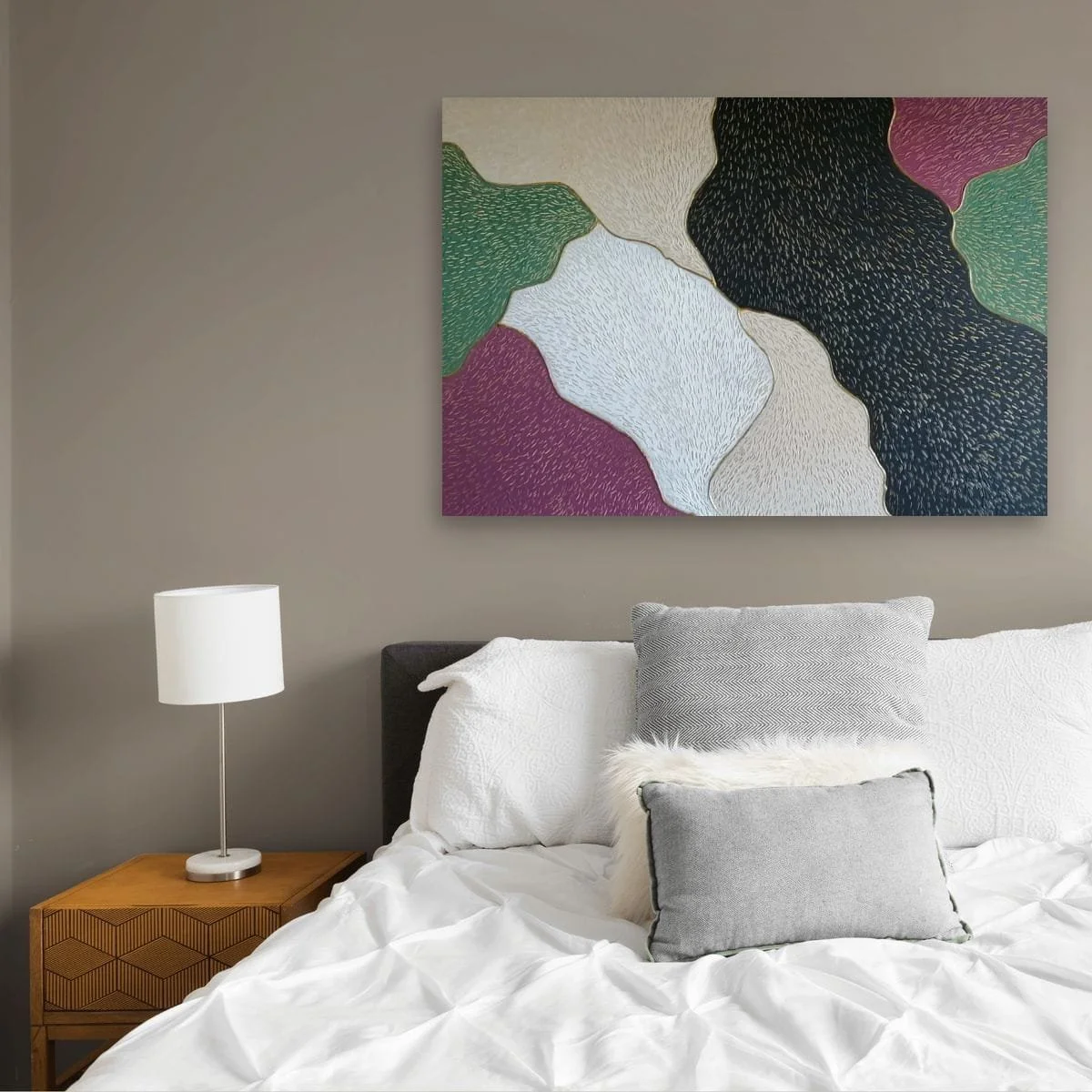 Abstract sculptural painting with raised organic shapes and gold outlines in black, white, green and beige, titled Opus XIV – Golden Currents by contemporary artist Sotiris Christodoulou-Mockup 8