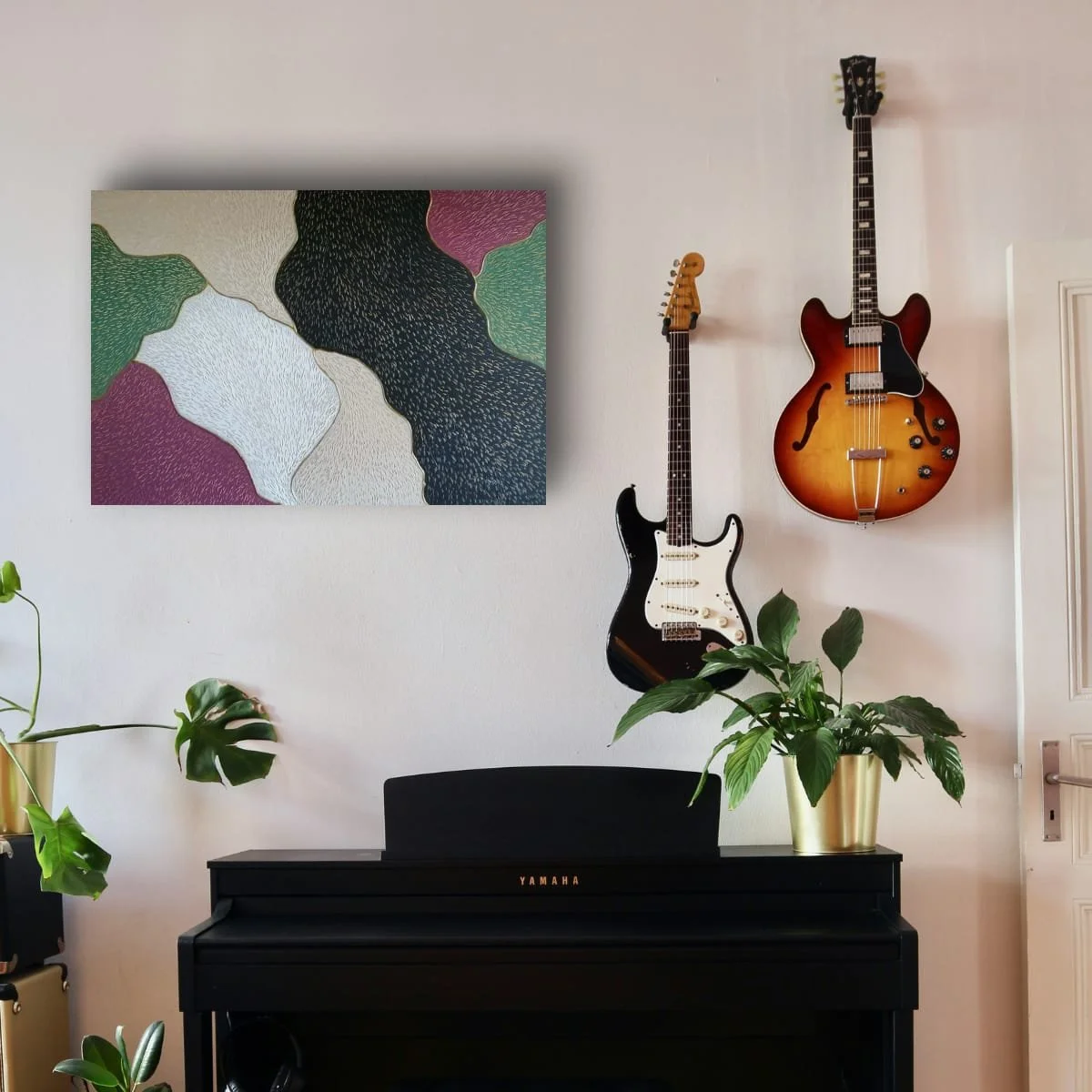 Abstract sculptural painting with raised organic shapes and gold outlines in black, white, green and beige, titled Opus XIV – Golden Currents by contemporary artist Sotiris Christodoulou-Mockup 26