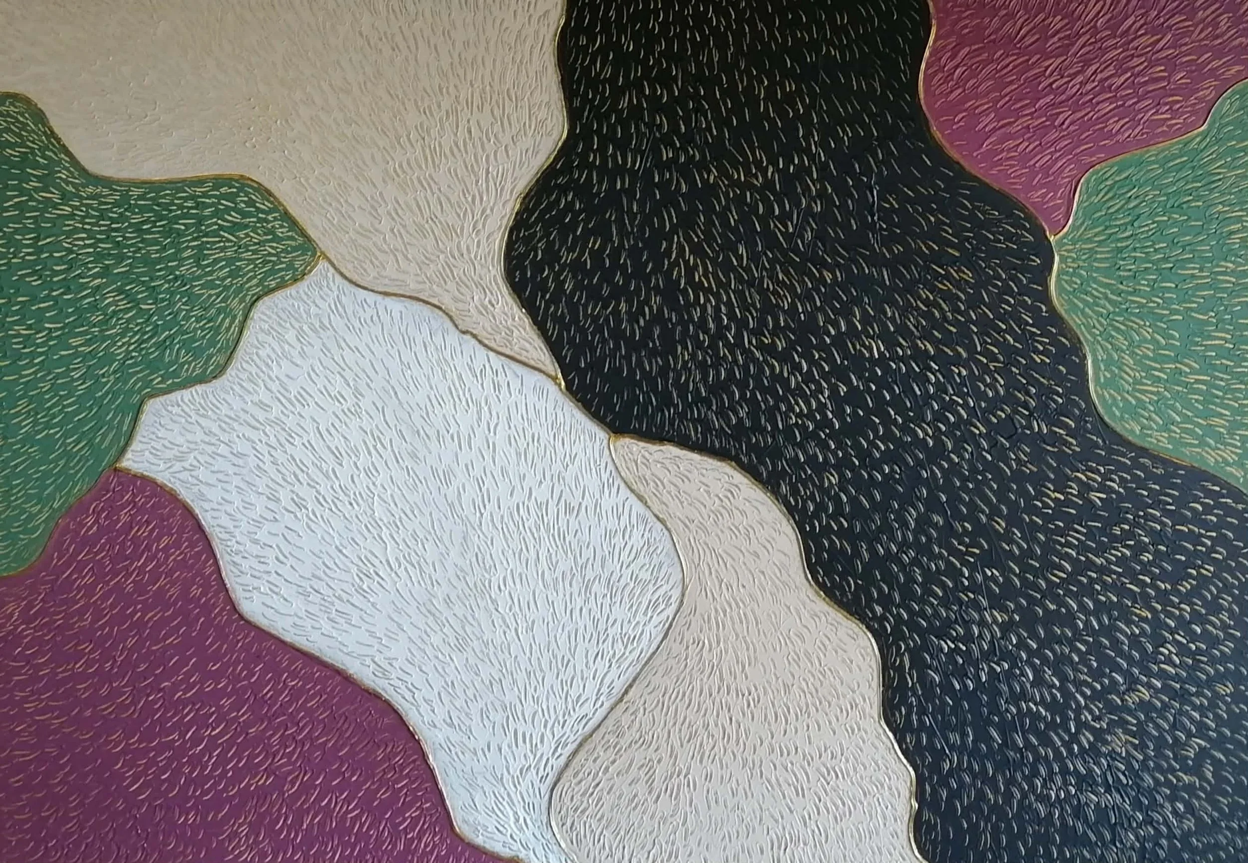 Abstract sculptural painting with raised organic shapes and gold outlines in black, white, green and beige, titled Opus XIV – Golden Currents by contemporary artist Sotiris Christodoulou.