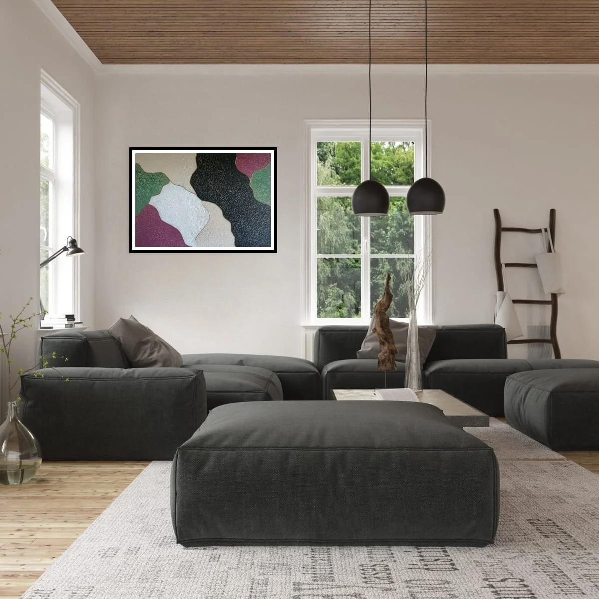 Abstract sculptural painting with raised organic shapes and gold outlines in black, white, green and beige, titled Opus XIV – Golden Currents by contemporary artist Sotiris Christodoulou-Mockup 16