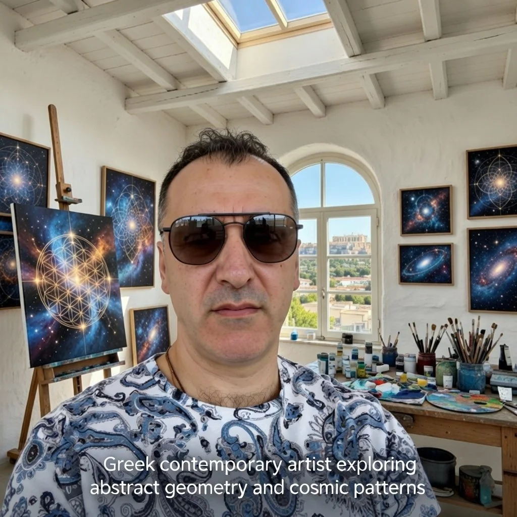 Greek contemporary artist exploring abstract geometry and cosmic patterns