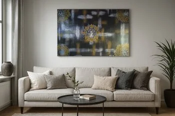 Opus IV: Obsidian Bloom – dark abstract painting with obsidian tones, radiant bloom forms, and subtle metallic accents by Sotiris Christodoulou Mockup 1.jpeg