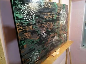 Opus X: Emerald Constellation Grove – abstract painting with emerald green constellations and atmospheric cosmic landscape by Sotiris Christodoulou Studio 3.jpeg