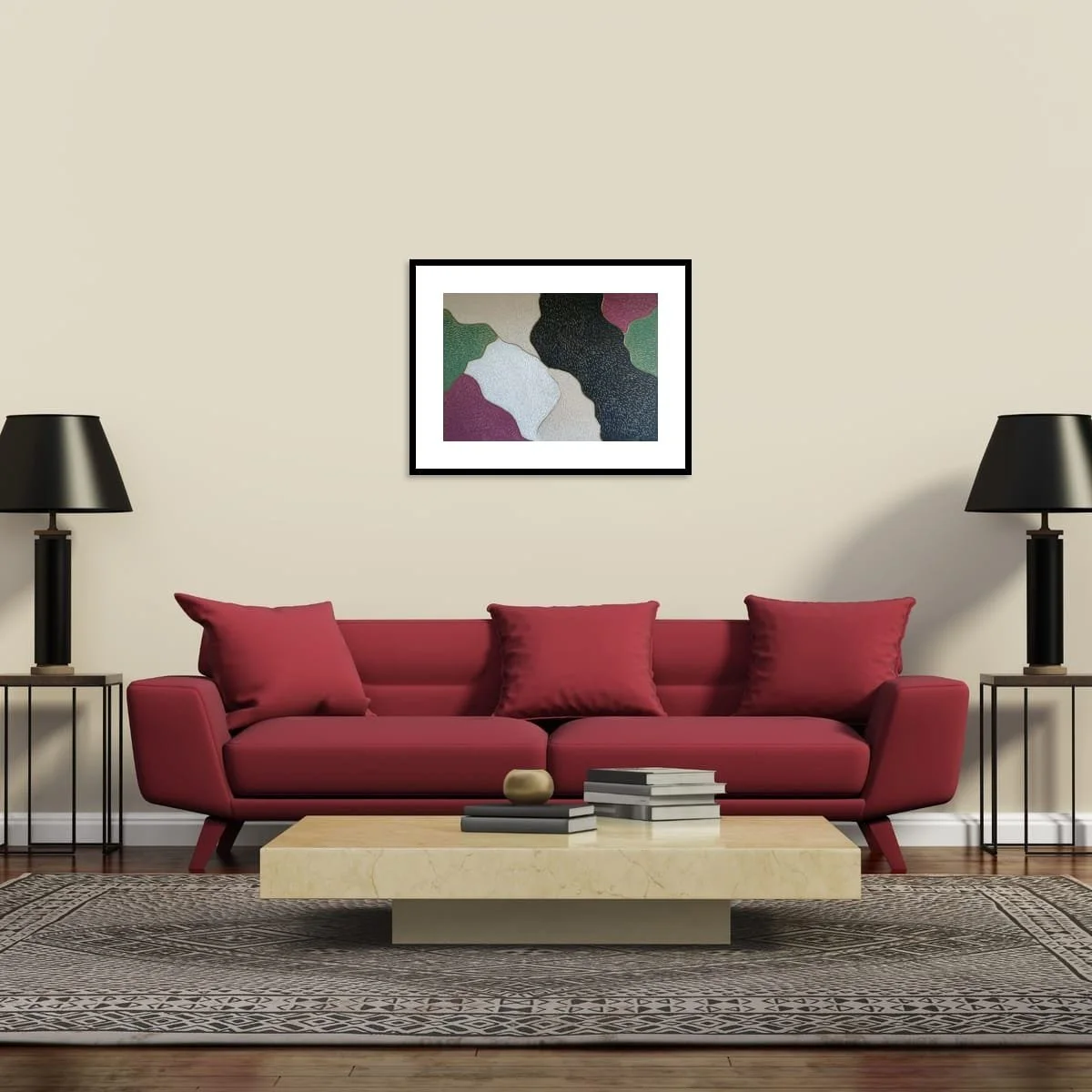 Abstract sculptural painting with raised organic shapes and gold outlines in black, white, green and beige, titled Opus XIV – Golden Currents by contemporary artist Sotiris Christodoulou-Mockup 10