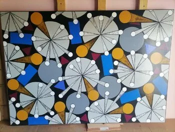 Opus XII: Radiant Nexus – luminous abstract painting with golden orbs and textured cosmic patterns by Sotiris Christodoulou Studio 2.jpeg