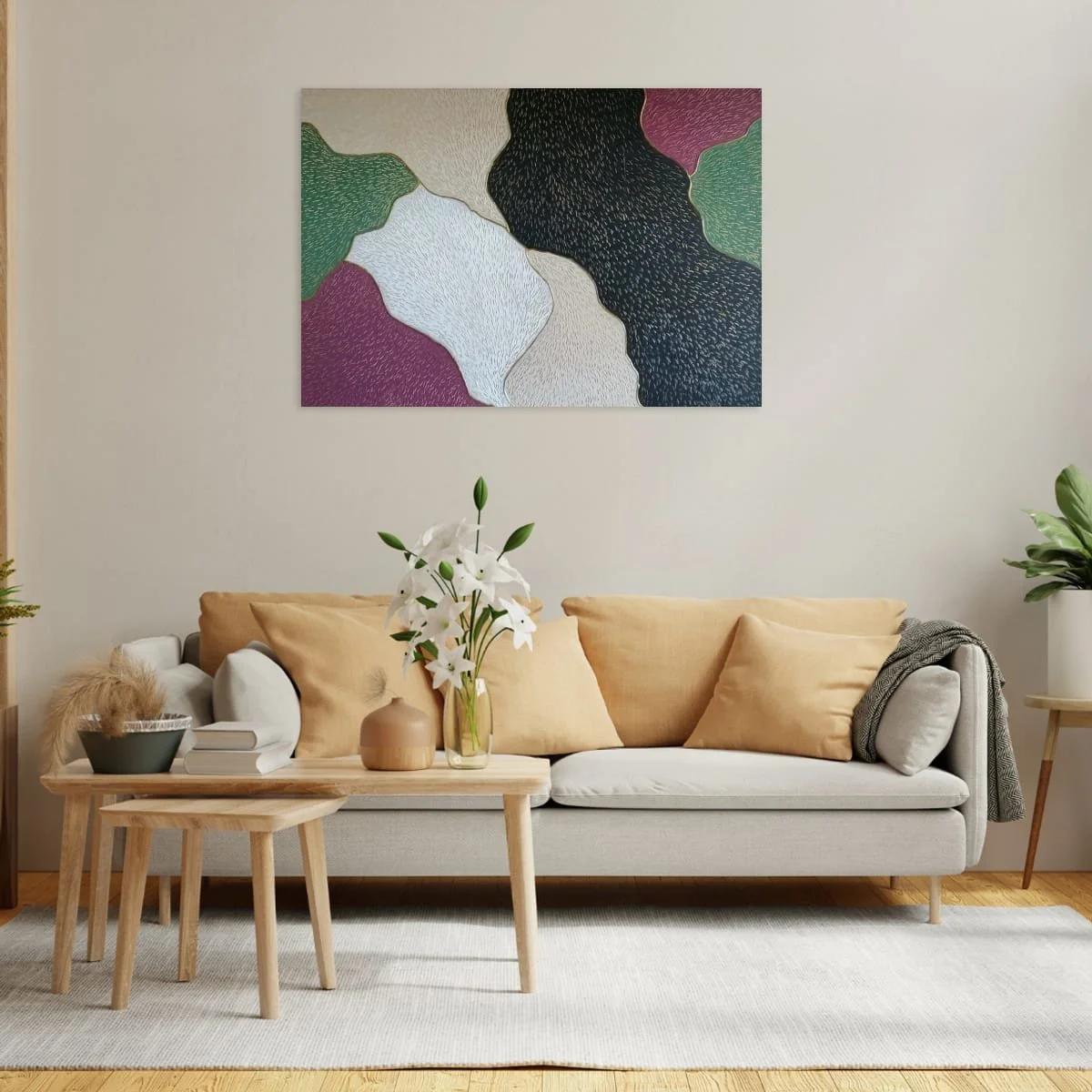 Abstract sculptural painting with raised organic shapes and gold outlines in black, white, green and beige, titled Opus XIV – Golden Currents by contemporary artist Sotiris Christodoulou-Mockup 23