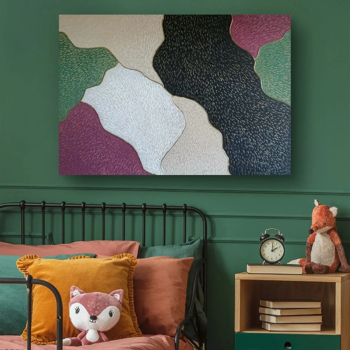 Abstract sculptural painting with raised organic shapes and gold outlines in black, white, green and beige, titled Opus XIV – Golden Currents by contemporary artist Sotiris Christodoulou-Mockup 20