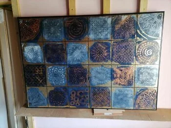 Opus V: Celestial Tiles – abstract mixed media mosaic with geometric tiles and subtle cosmic textures by Sotiris Christodoulou Studio 1.jpeg