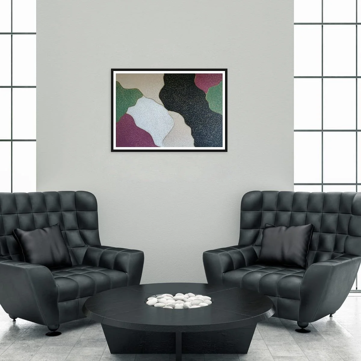 Abstract sculptural painting with raised organic shapes and gold outlines in black, white, green and beige, titled Opus XIV – Golden Currents by contemporary artist Sotiris Christodoulou-Mockup 7