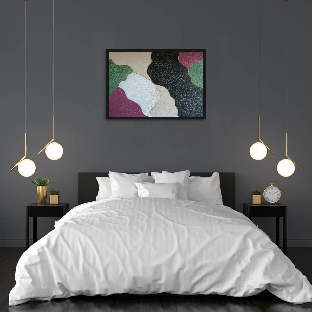 Abstract sculptural painting with raised organic shapes and gold outlines in black, white, green and beige, titled Opus XIV – Golden Currents by contemporary artist Sotiris Christodoulou-Mockup 2