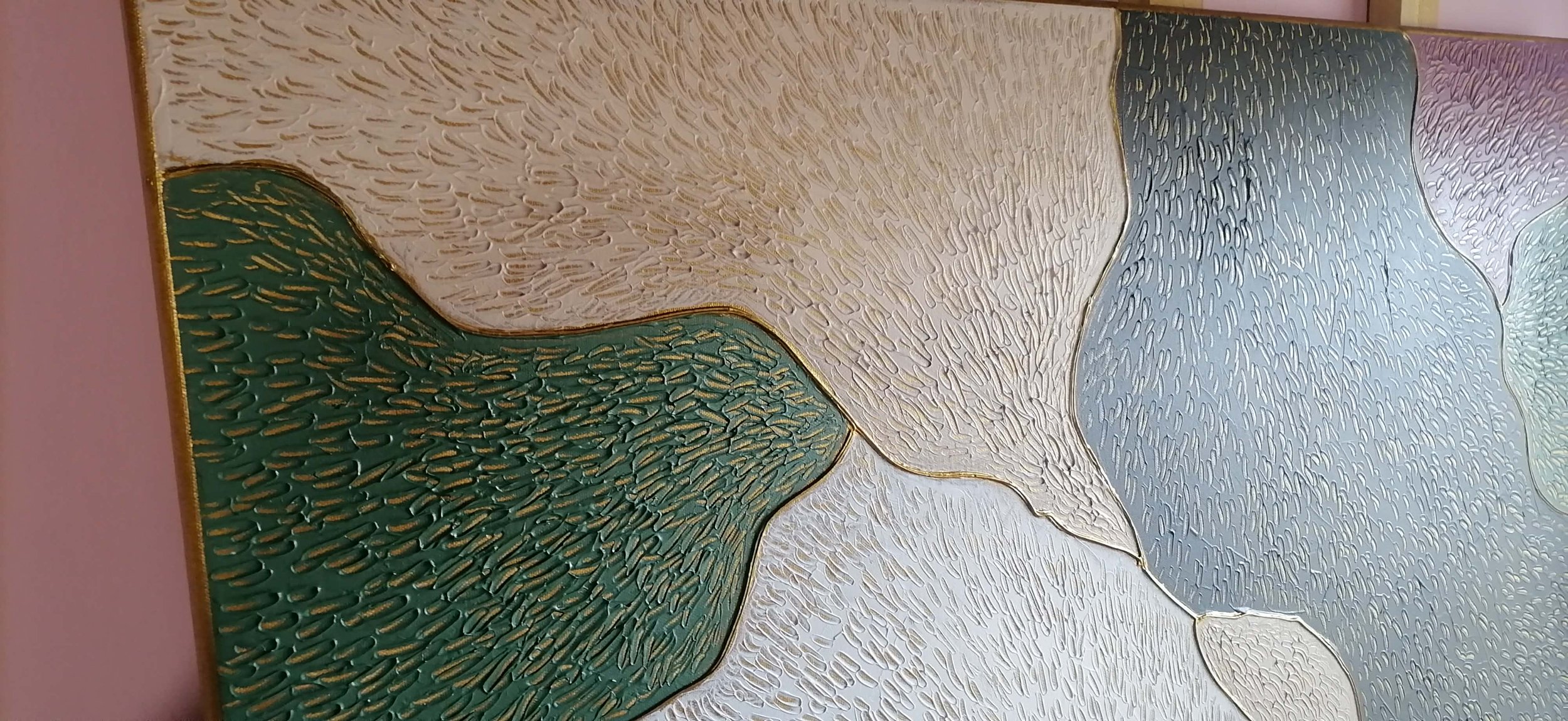 Abstract sculptural painting with raised organic shapes and gold outlines in black, white, green and beige, titled Opus XIV – Golden Currents by contemporary artist Sotiris Christodoulou 4