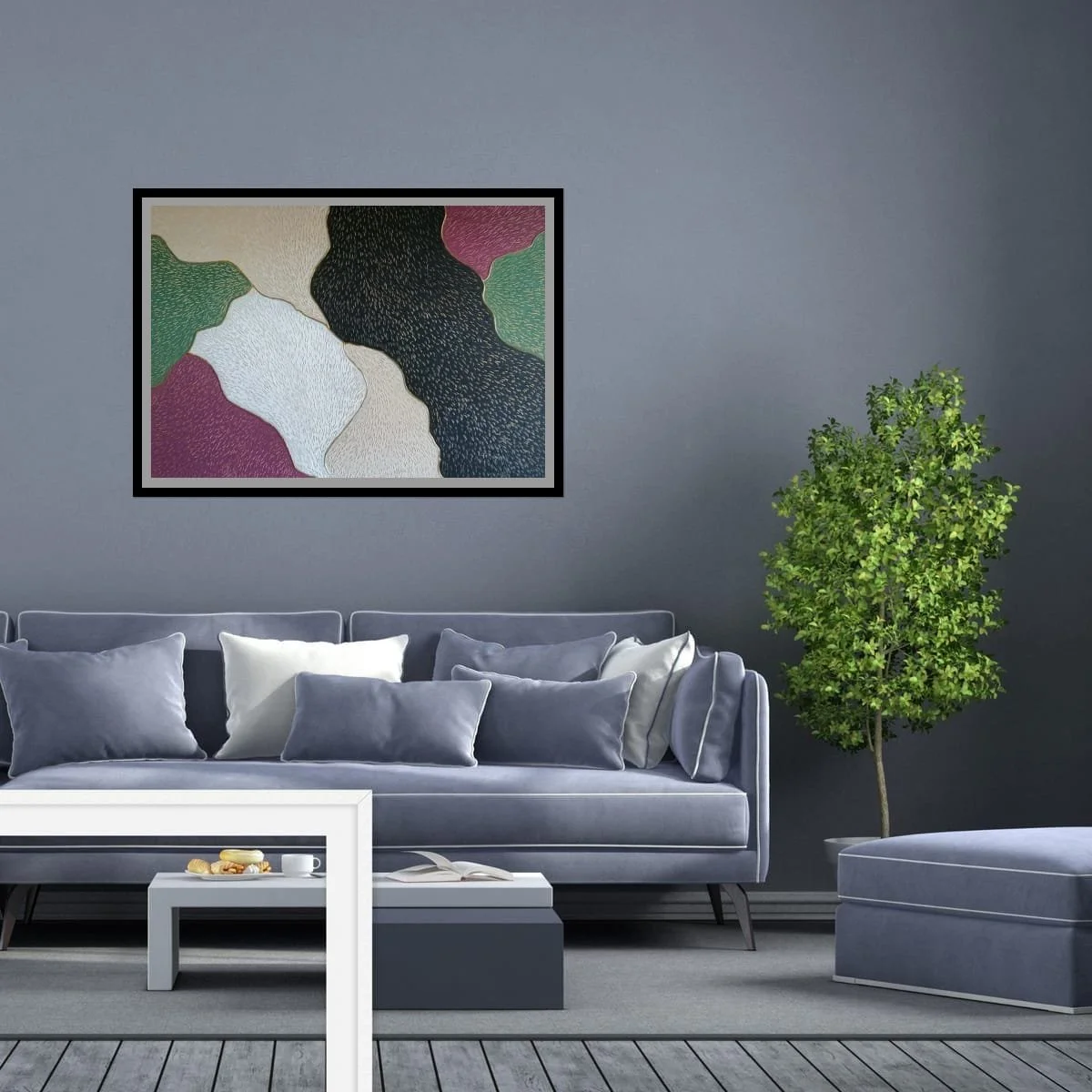 Abstract sculptural painting with raised organic shapes and gold outlines in black, white, green and beige, titled Opus XIV – Golden Currents by contemporary artist Sotiris Christodoulou-Mockup 27