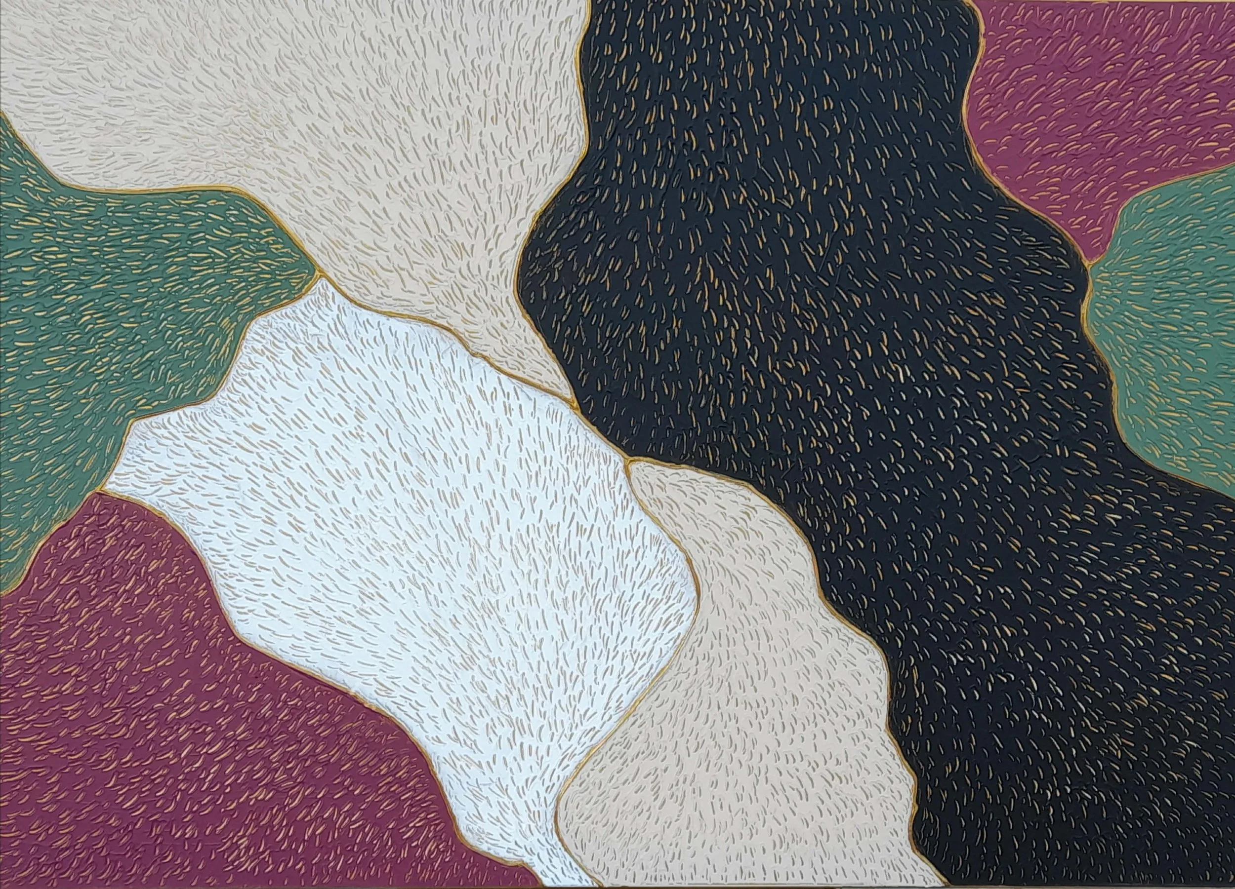 Abstract sculptural painting with raised organic shapes and gold outlines in black, white, green and beige, titled Opus XIV – Golden Currents by contemporary artist Sotiris Christodoulou. (Main)