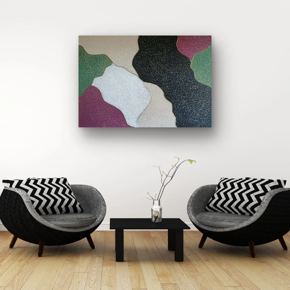 Abstract sculptural painting with raised organic shapes and gold outlines in black, white, green and beige, titled Opus XIV – Golden Currents by contemporary artist Sotiris Christodoulou-Mockup 21
