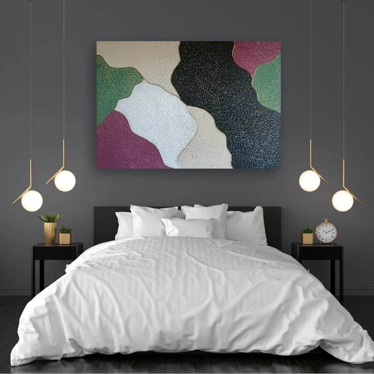 Abstract sculptural painting with raised organic shapes and gold outlines in black, white, green and beige, titled Opus XIV – Golden Currents by contemporary artist Sotiris Christodoulou-Mockup 12