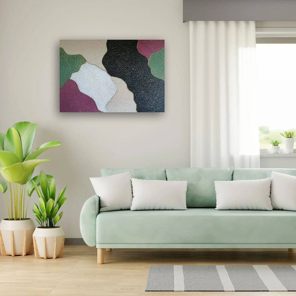 Abstract sculptural painting with raised organic shapes and gold outlines in black, white, green and beige, titled Opus XIV – Golden Currents by contemporary artist Sotiris Christodoulou-Mockup 4