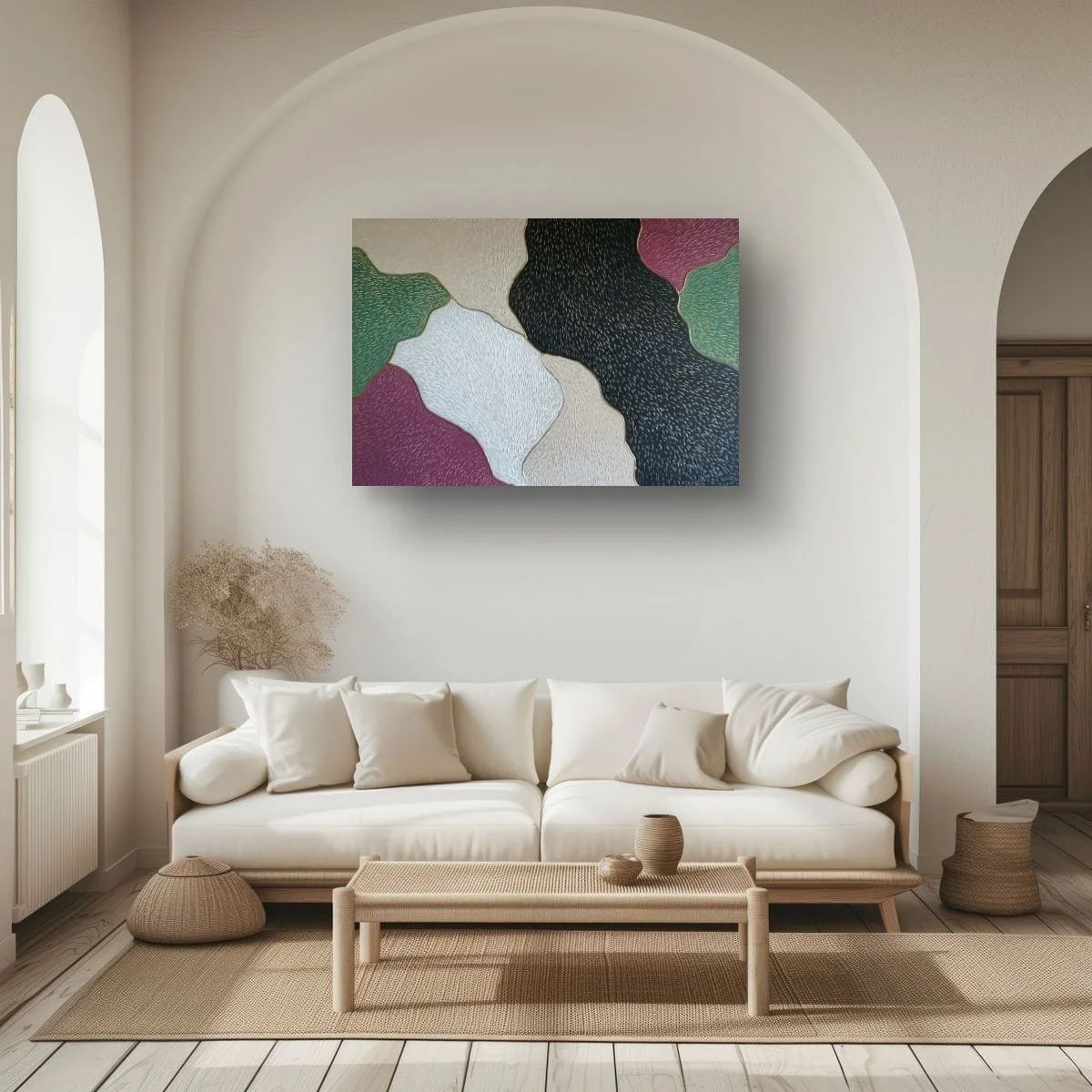 Abstract sculptural painting with raised organic shapes and gold outlines in black, white, green and beige, titled Opus XIV – Golden Currents by contemporary artist Sotiris Christodoulou-Mockup 14