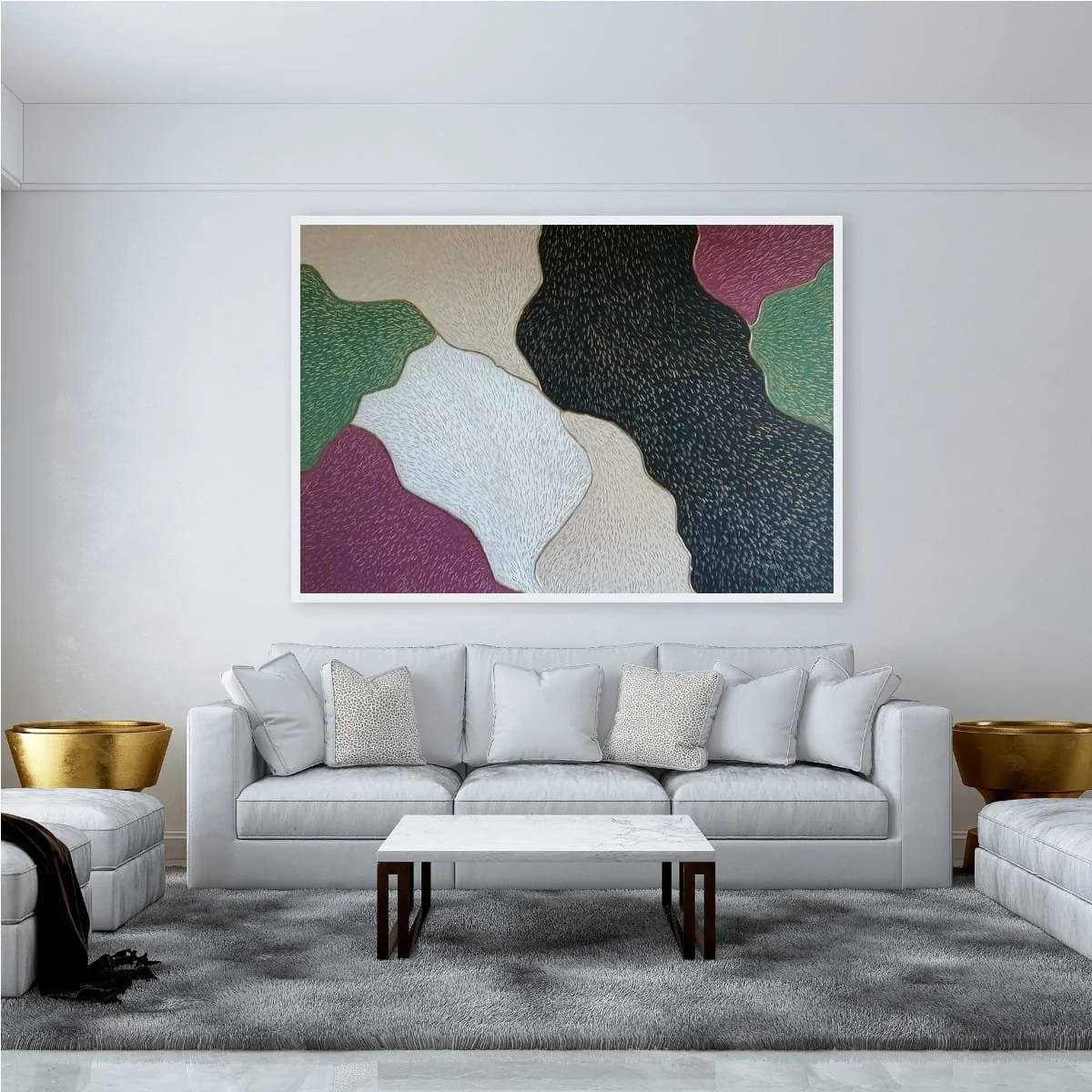 Abstract sculptural painting with raised organic shapes and gold outlines in black, white, green and beige, titled Opus XIV – Golden Currents by contemporary artist Sotiris Christodoulou-Mockup 15