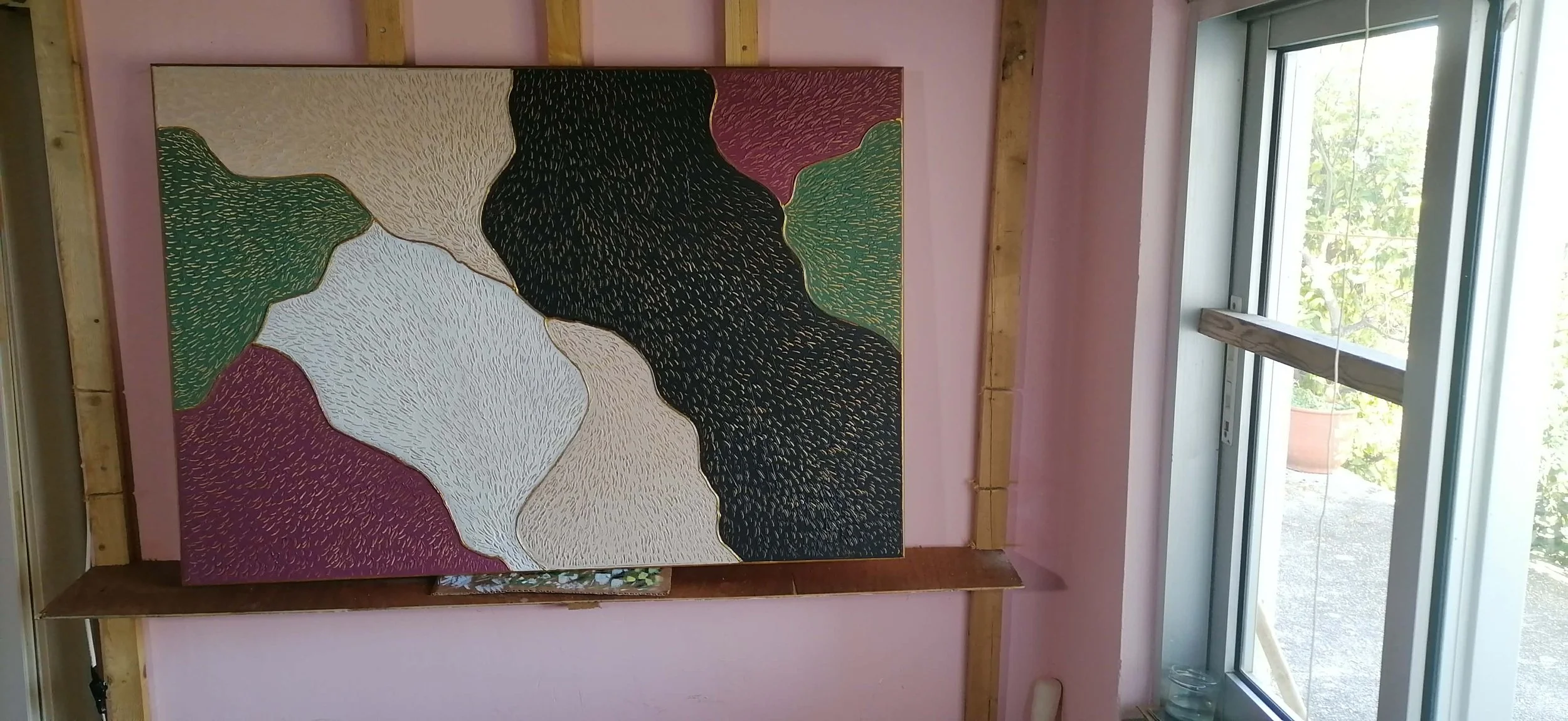 Abstract sculptural painting with raised organic shapes and gold outlines in black, white, green and beige, titled Opus XIV – Golden Currents by contemporary artist Sotiris Christodoulou 3