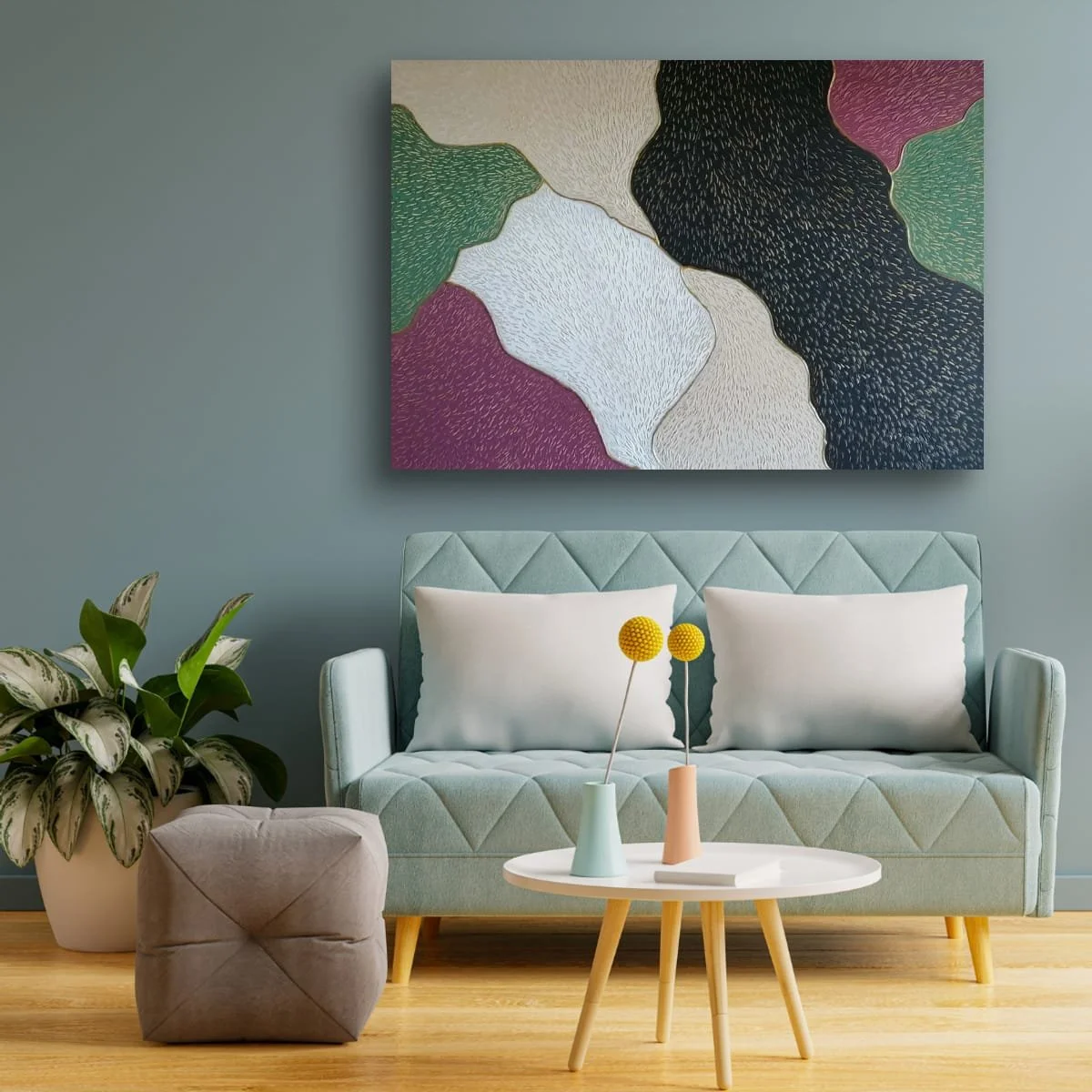 Abstract sculptural painting with raised organic shapes and gold outlines in black, white, green and beige, titled Opus XIV – Golden Currents by contemporary artist Sotiris Christodoulou-Mockup 3