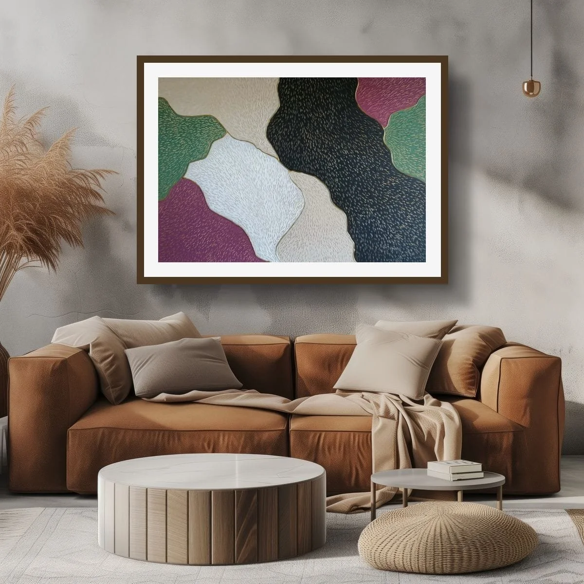 Abstract sculptural painting with raised organic shapes and gold outlines in black, white, green and beige, titled Opus XIV – Golden Currents by contemporary artist Sotiris Christodoulou-Mockup 6
