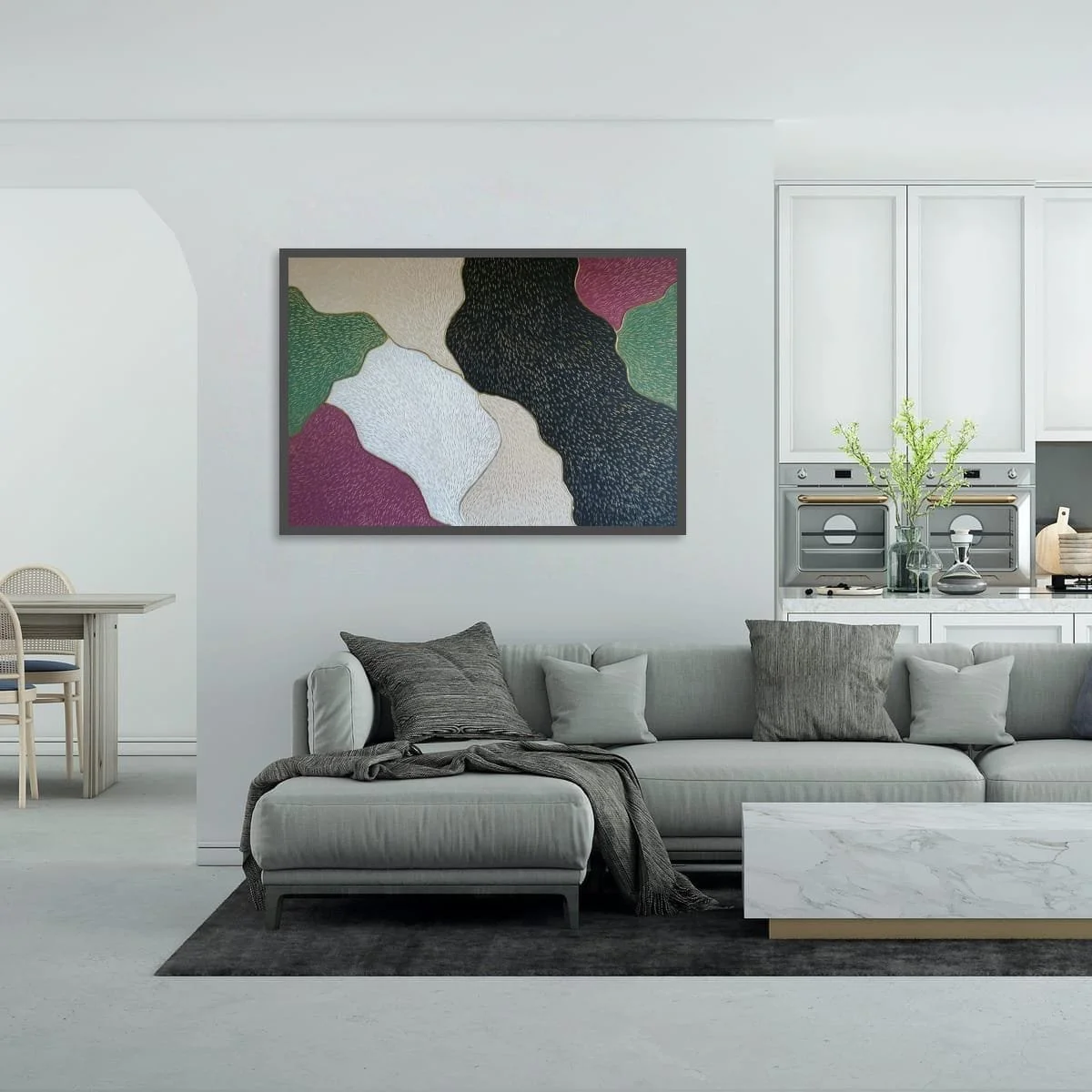 Abstract sculptural painting with raised organic shapes and gold outlines in black, white, green and beige, titled Opus XIV – Golden Currents by contemporary artist Sotiris Christodoulou-Mockup 9