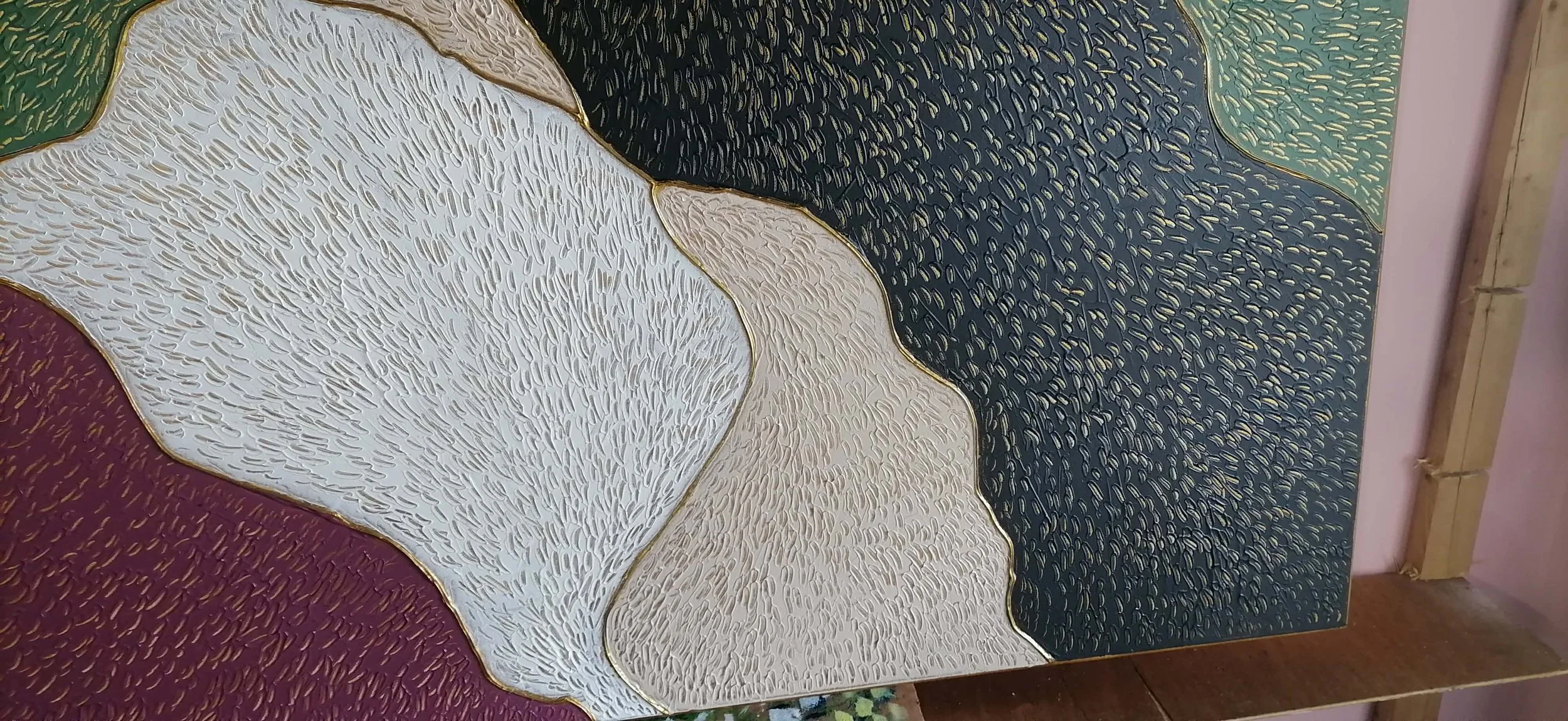 Abstract sculptural painting with raised organic shapes and gold outlines in black, white, green and beige, titled Opus XIV – Golden Currents by contemporary artist Sotiris Christodoulou 2