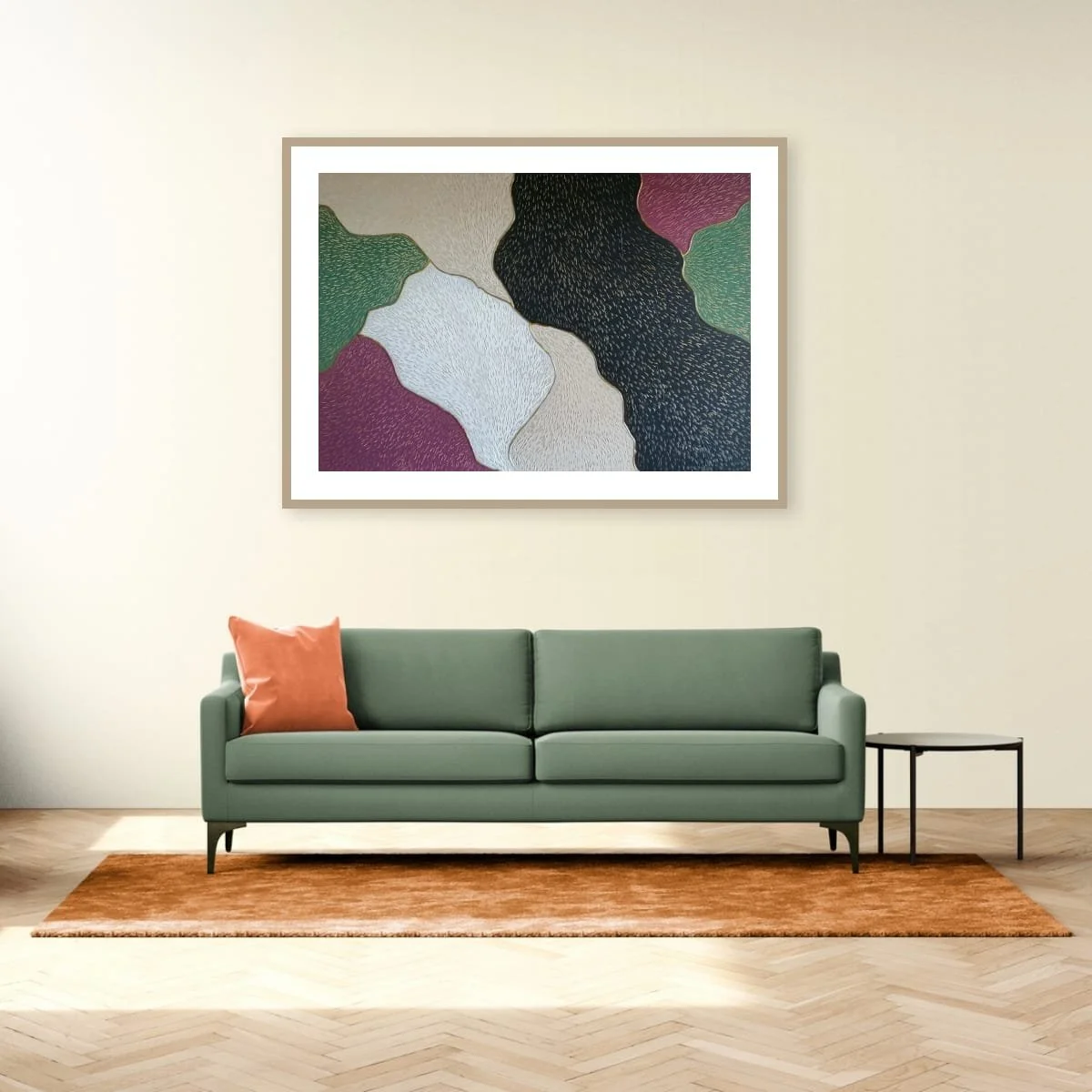 Abstract sculptural painting with raised organic shapes and gold outlines in black, white, green and beige, titled Opus XIV – Golden Currents by contemporary artist Sotiris Christodoulou-Mockup 13