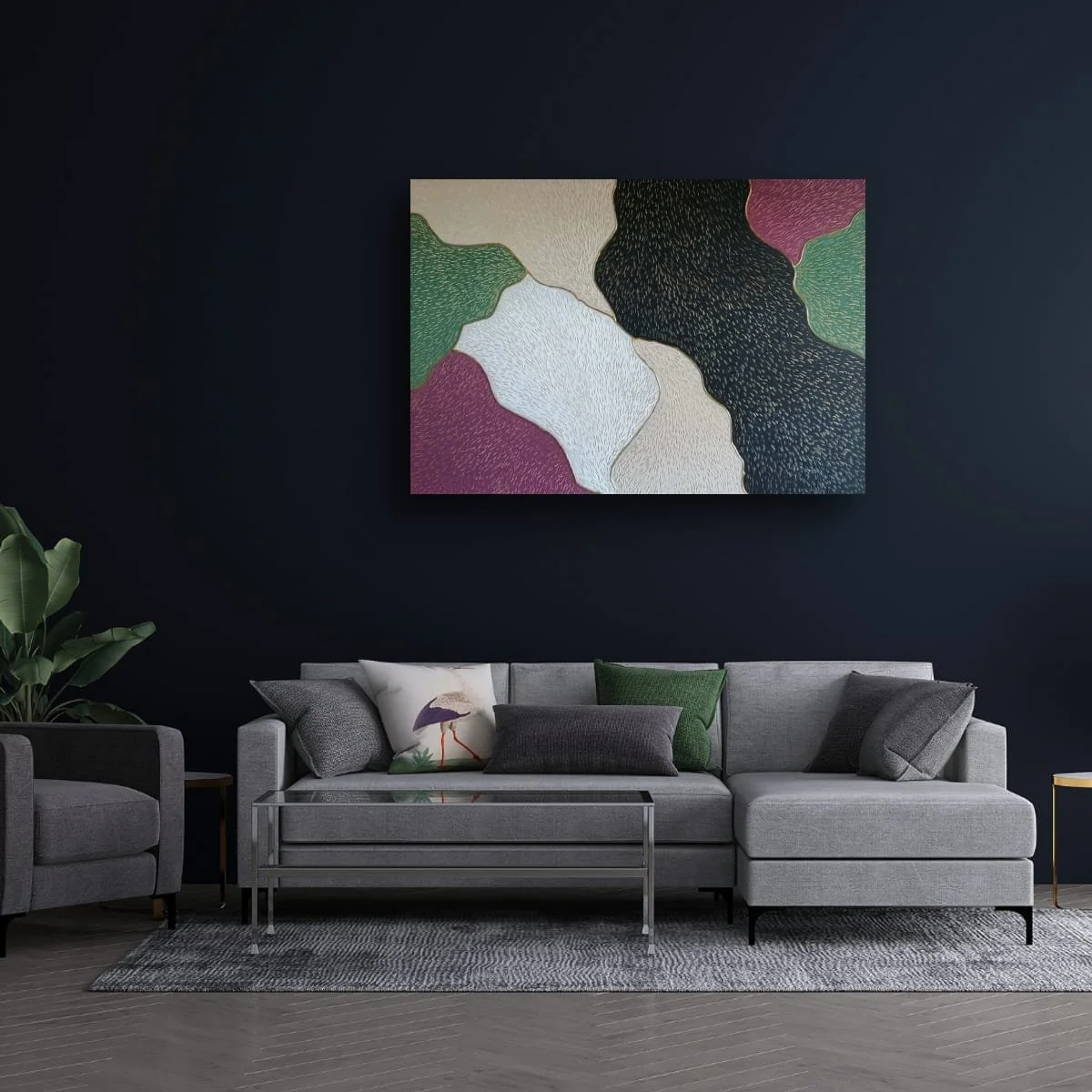 Abstract sculptural painting with raised organic shapes and gold outlines in black, white, green and beige, titled Opus XIV – Golden Currents by contemporary artist Sotiris Christodoulou-Mockup 11