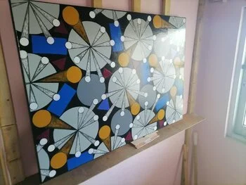 Opus XII: Radiant Nexus – luminous abstract painting with golden orbs and textured cosmic patterns by Sotiris Christodoulou  Studio 1.jpeg