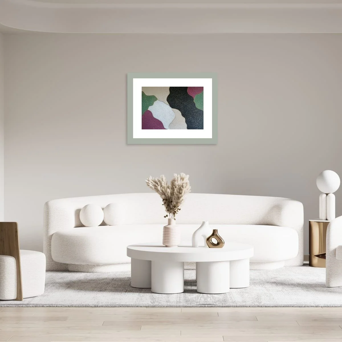 Abstract sculptural painting with raised organic shapes and gold outlines in black, white, green and beige, titled Opus XIV – Golden Currents by contemporary artist Sotiris Christodoulou-Mockup 25