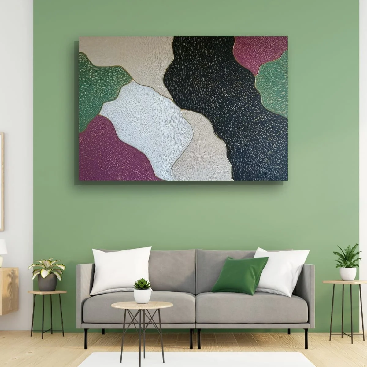 Abstract sculptural painting with raised organic shapes and gold outlines in black, white, green and beige, titled Opus XIV – Golden Currents by contemporary artist Sotiris Christodoulou-Mockup 24