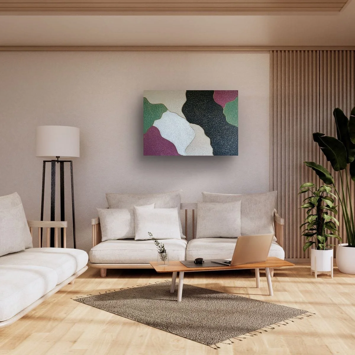 Abstract sculptural painting with raised organic shapes and gold outlines in black, white, green and beige, titled Opus XIV – Golden Currents by contemporary artist Sotiris Christodoulou-Mockup 17