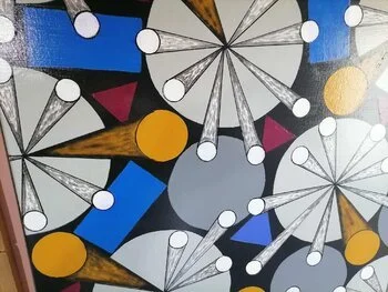 Opus XII: Radiant Nexus – luminous abstract painting with golden orbs and textured cosmic patterns by Sotiris Christodoulou Studio 3.jpeg