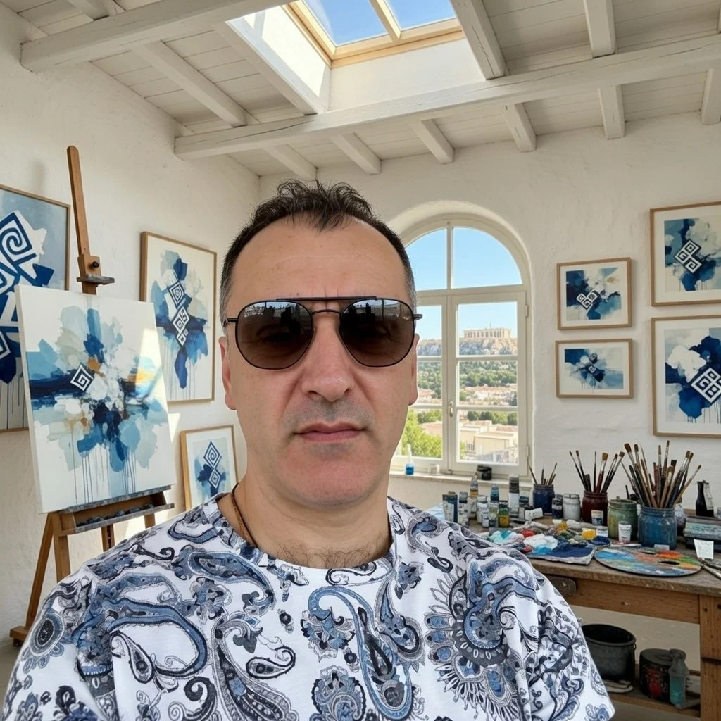 Greek contemporary artist exploring abstract geometry and cosmic patterns