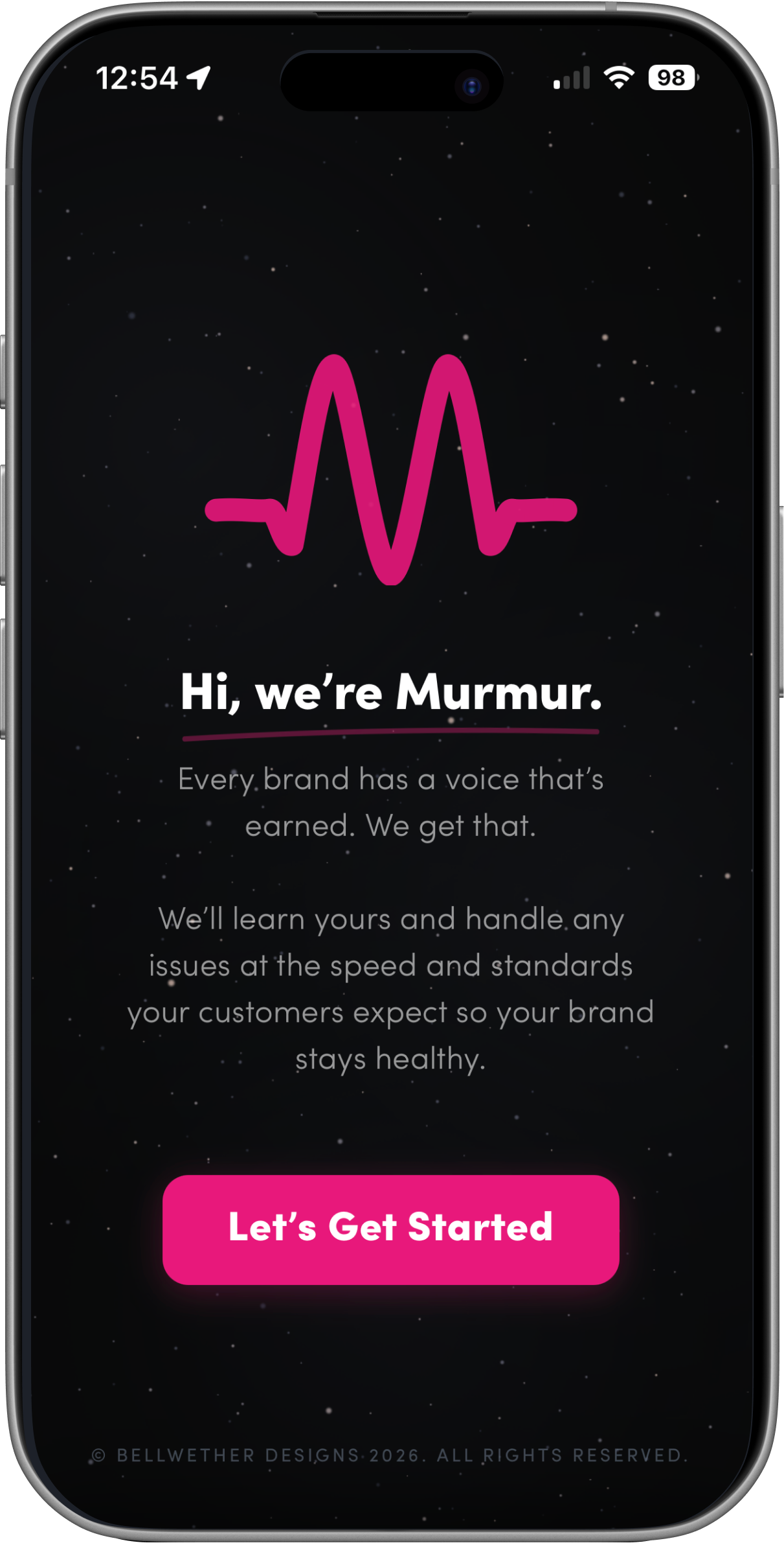  The start screen introduces Murmur and primes the user for their onboarding experience. 