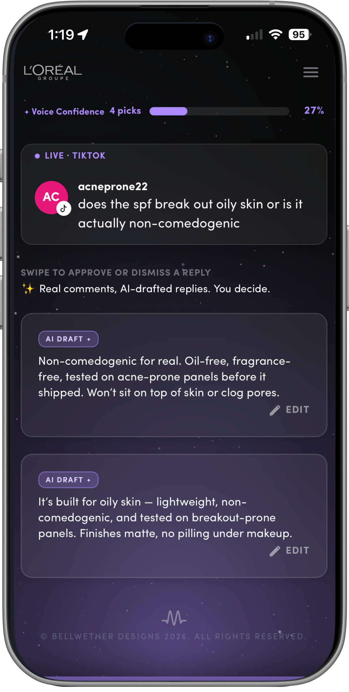  Same core experience but a slight color shift signals to the user they are now sending out real replies.  