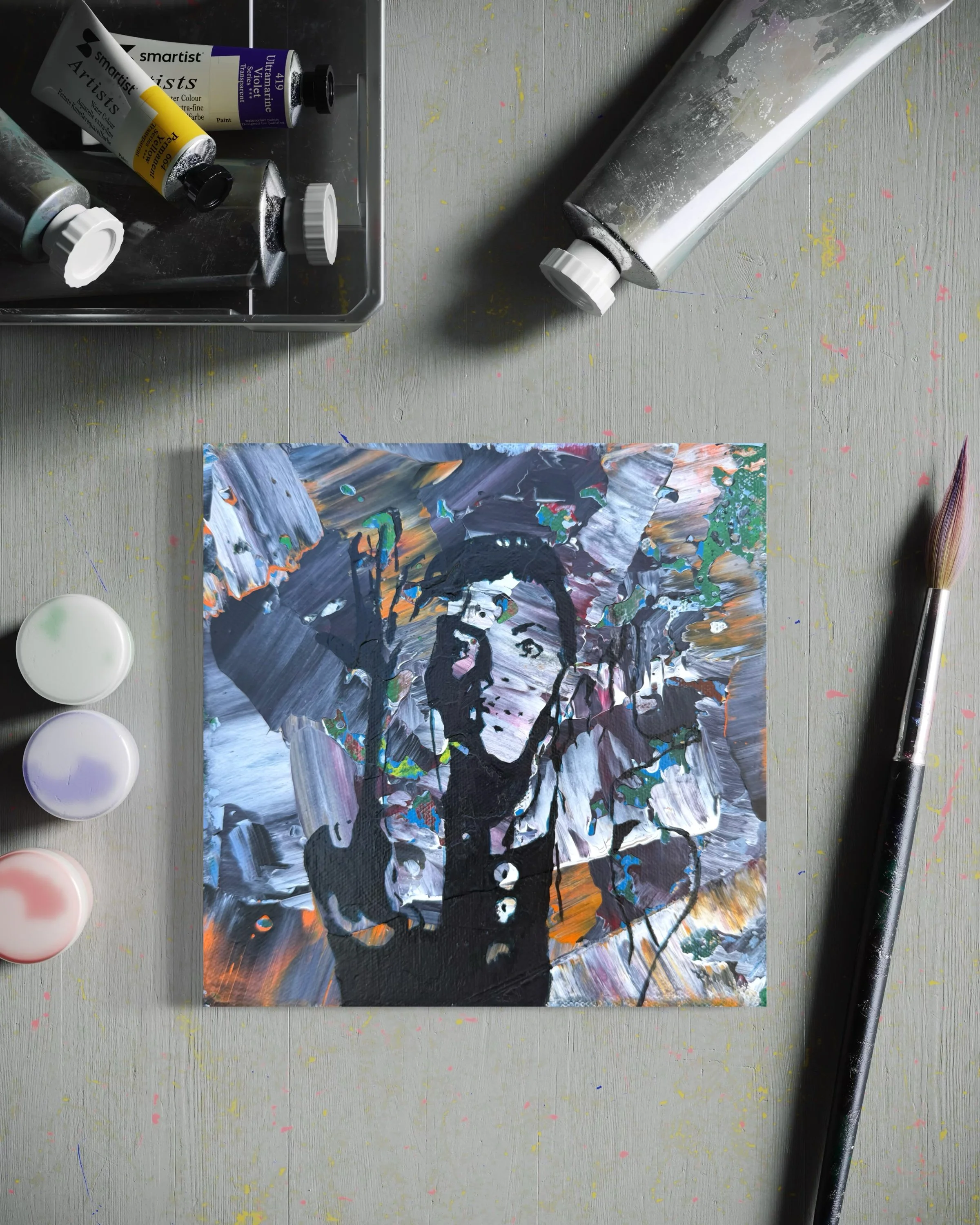 prince 2.JPG  8x8 inch cotton canvas small abstract portrait of the artist Prince . Purple dominates with an array of other bold colours. contemporary original artwork