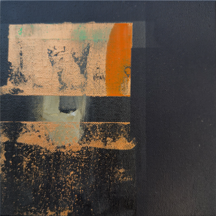 Fragmented_shadows_2.png abstract art orange and bronze with dark hues exploring. Contemporary abstract decorative art exploring the shadows behind clearly identified images. Acrylic on canvas