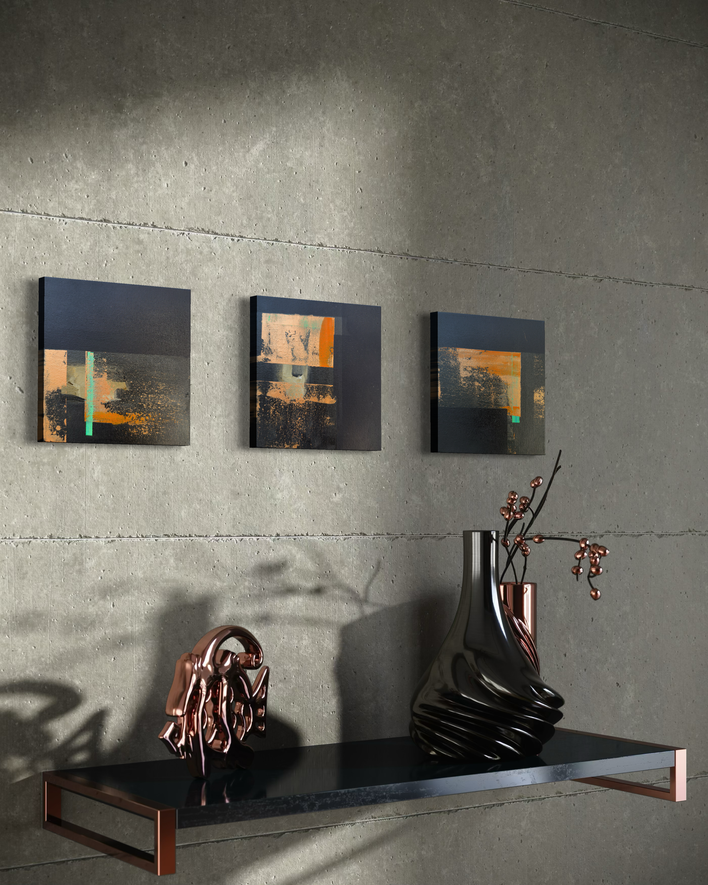 Fragmented_shadows_2.png abstract art orange and bronze with dark hues exploring. Contemporary modern decorative art canvas