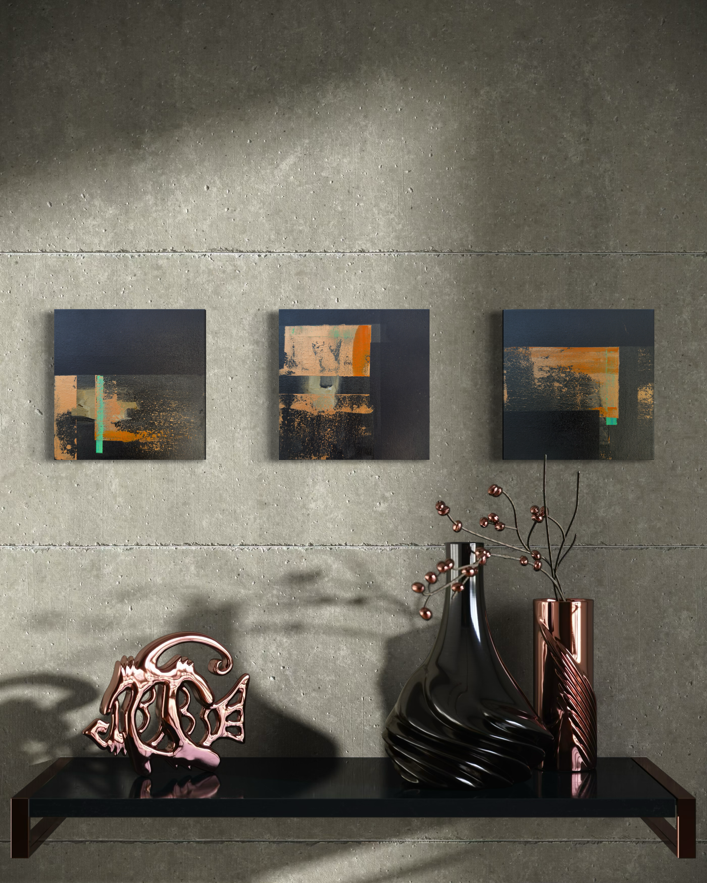 Fragmented_shadows.png abstract art orange bronze and dark hues . Small 8x8 inch canvas .contemporary art