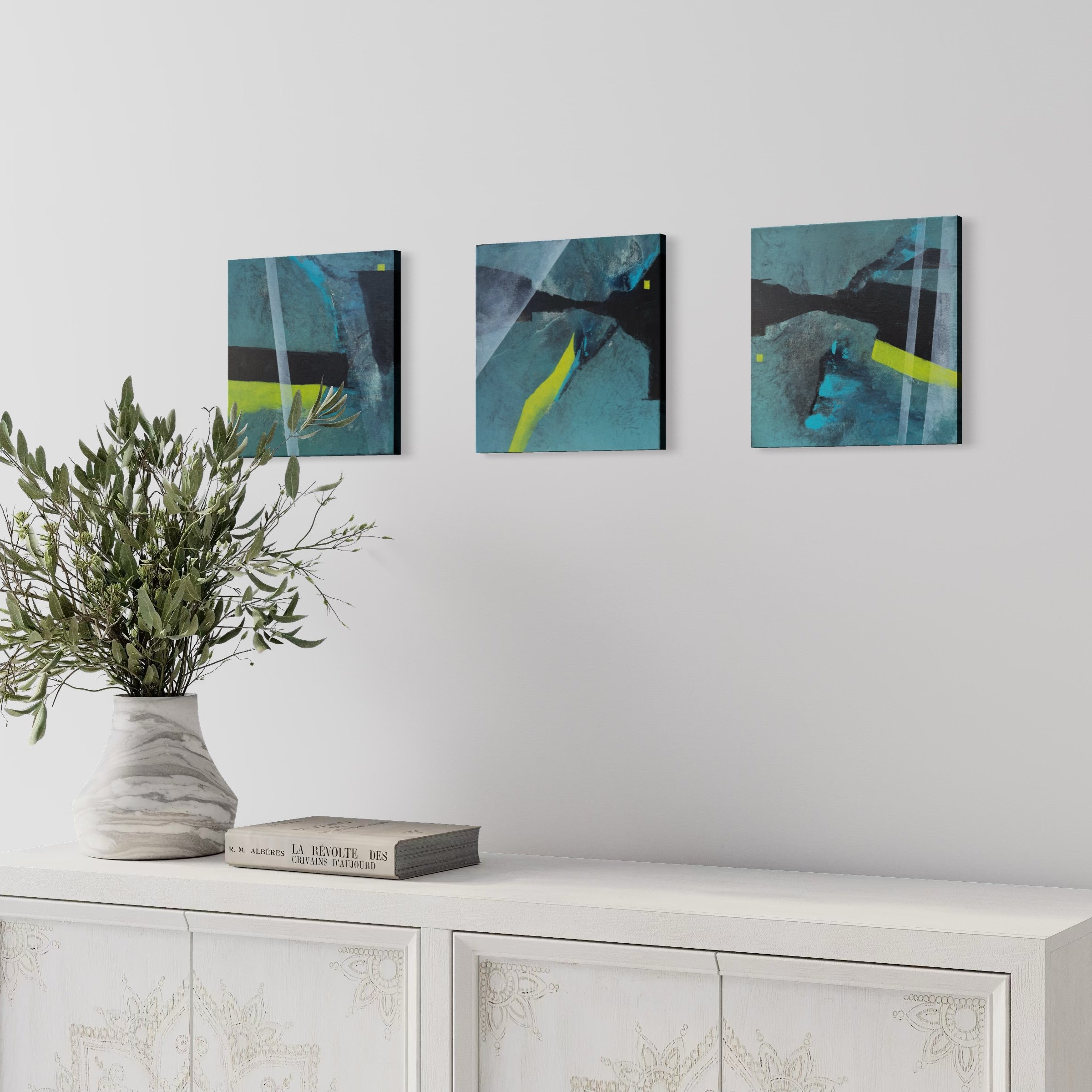 Under_Ice_a.jpeg abstract turquoise and cool blues.  A trio of 3 12x12 inch cotton canvas Original art work for sale