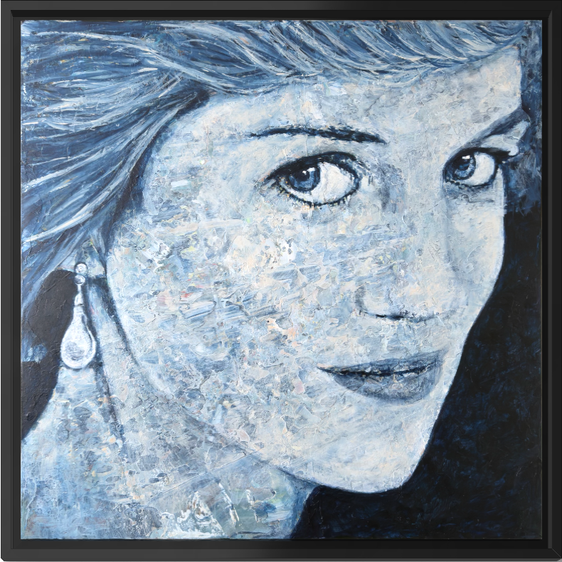 A painting of a woman with blue eyes and light-colored hair, wearing a large earring, rendered with textured brushstrokes in shades of blue, white, and gray.