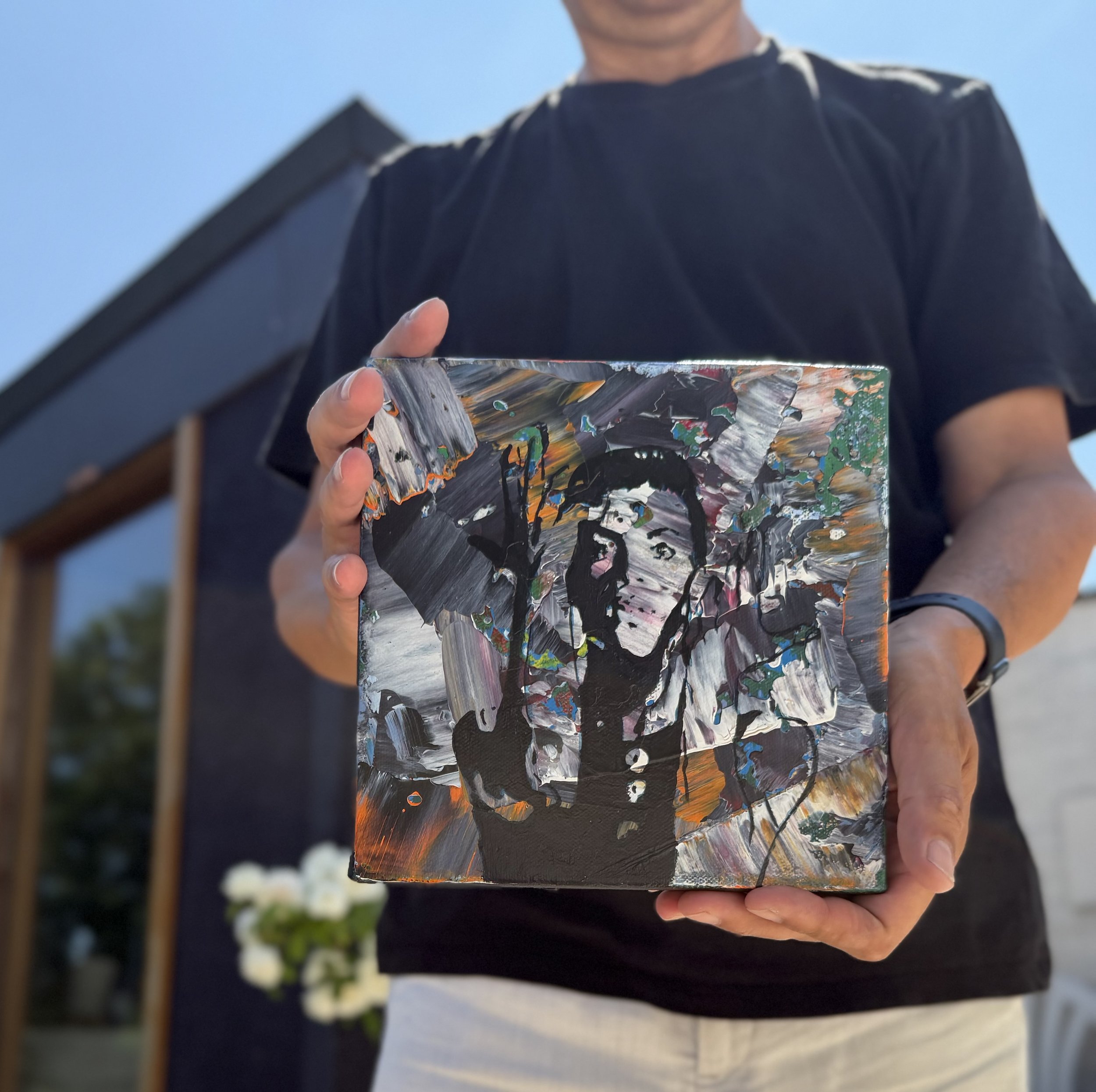 prince 5.jpeg  8x8 inch cotton canvas small abstract portrait of the artist Prince . Purple dominates with an array of other bold colours. contemporary original artwork